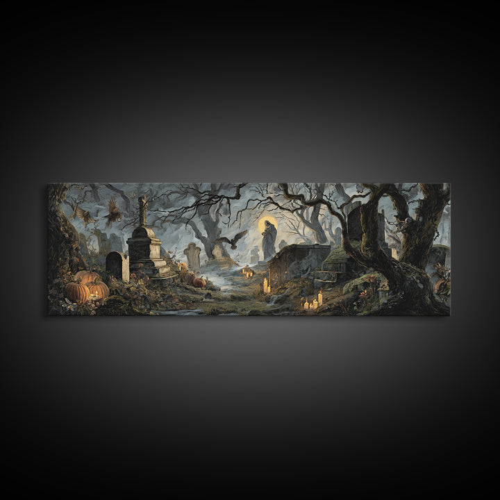 The Moonlit Cemetery, Dark Renaissance Art, Extra Wide Wall Art, Dark Fantasy Wall Art, Canvas Print, Halloween Wall Art