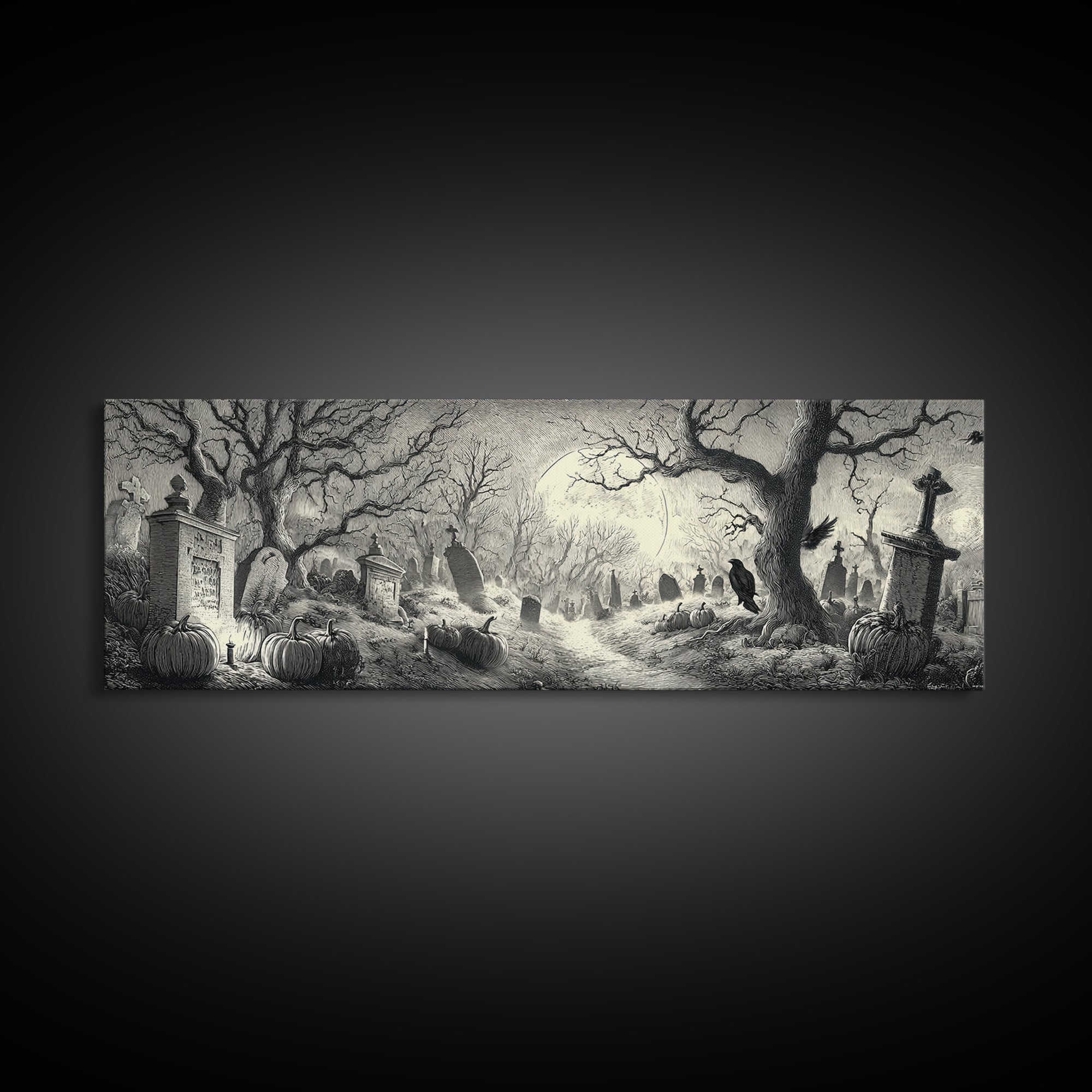 The Moonlit Cemetery, Renaissance Engraving Art, Extra Wide Wall Art, Macabre Wall Art, Canvas Print, Halloween Wall Art, Dark Fantasy Art