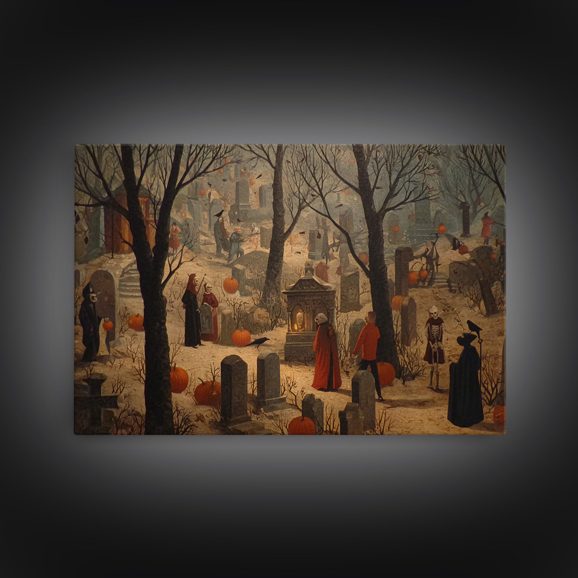 The Moonlit Cemetery, Danse Macabre Art, Landscape Wall Art, Macabre Wall Art, Framed Canvas Print, Halloween Wall Art