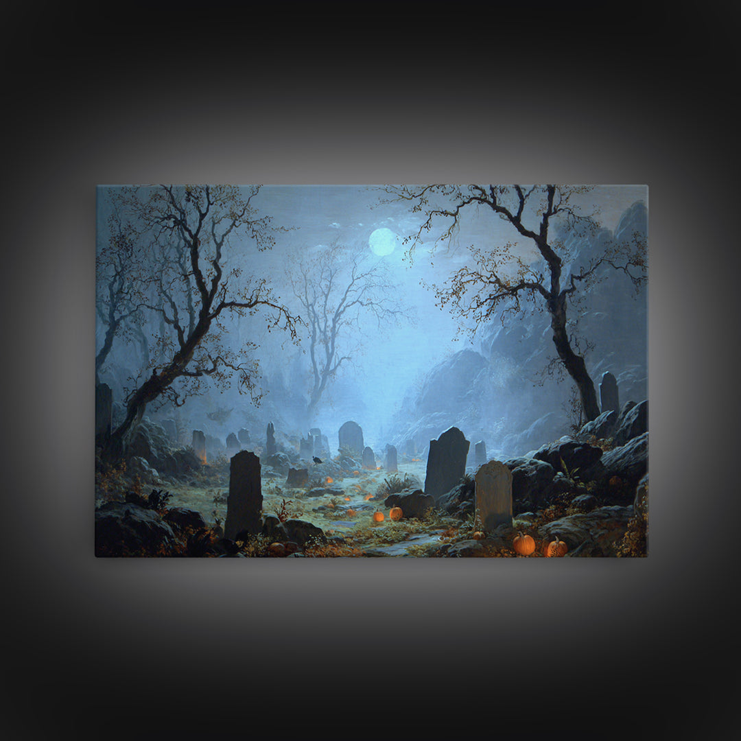 The Moonlit Cemetery, Baroque Witchcraft Art, Landscape Wall Art, Gothic Horror Wall Art, Framed Canvas Print, Halloween Wall Art