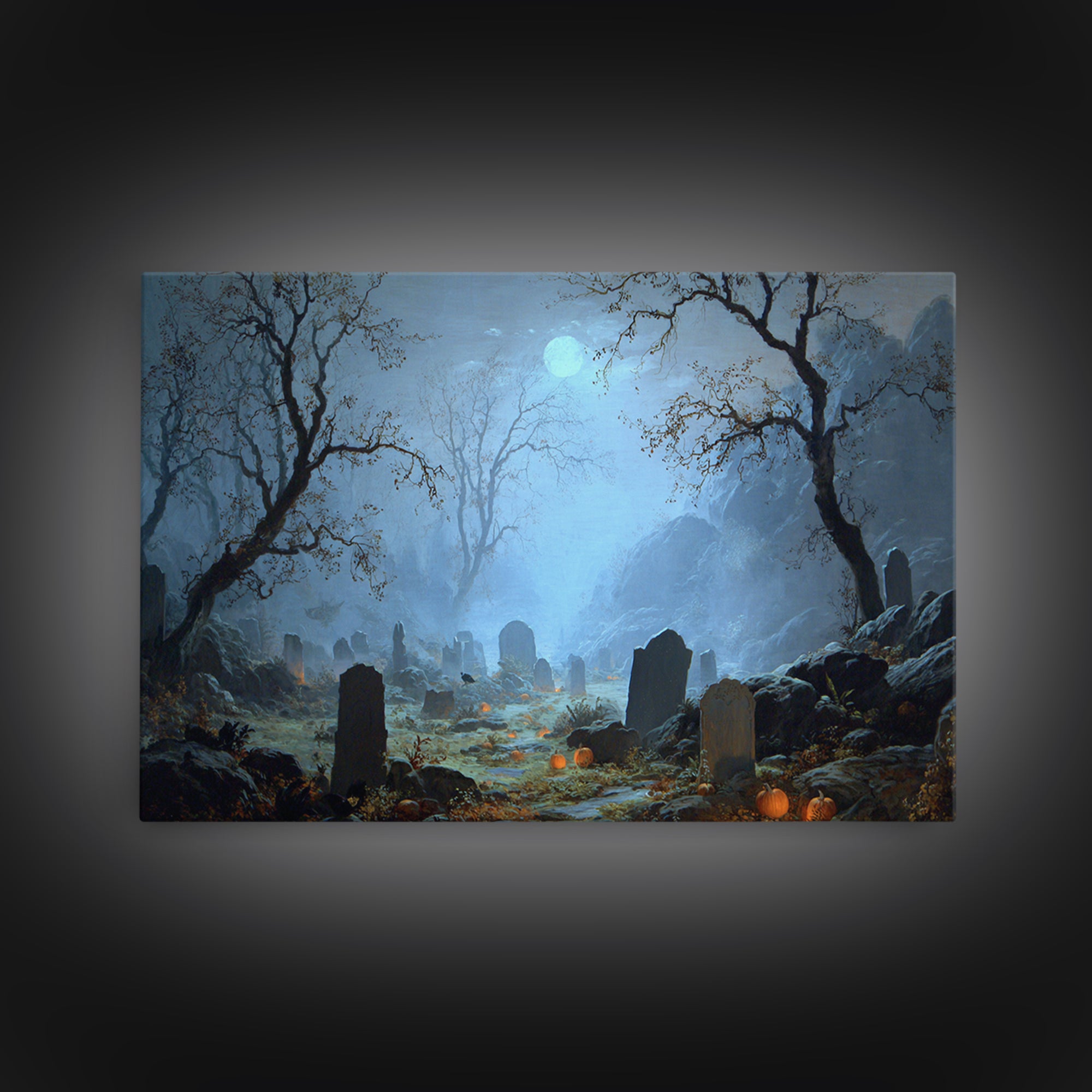 The Moonlit Cemetery, Baroque Witchcraft Art, Landscape Wall Art, Gothic Horror Wall Art, Framed Canvas Print, Halloween Wall Art