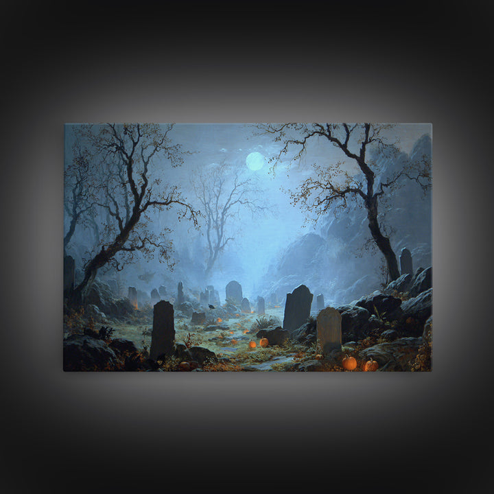 The Moonlit Cemetery, Baroque Witchcraft Art, Landscape Wall Art, Gothic Horror Wall Art, Framed Canvas Print, Halloween Wall Art