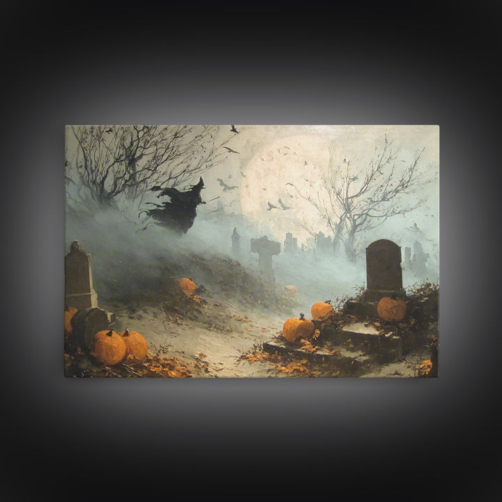 The Moonlit Cemetery, Dark Romantic Horror Art, Landscape Wall Art, Dark Halloween Decor, Canvas Print, Halloween Wall Art