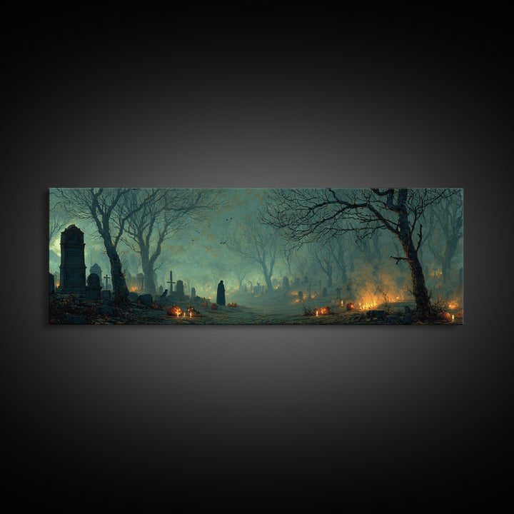 The Moonlit Cemetery, Visionary Gothic Art, Extra Wide Wall Art, Dark Fantasy Wall Art, Framed Canvas Print, Halloween Wall Art