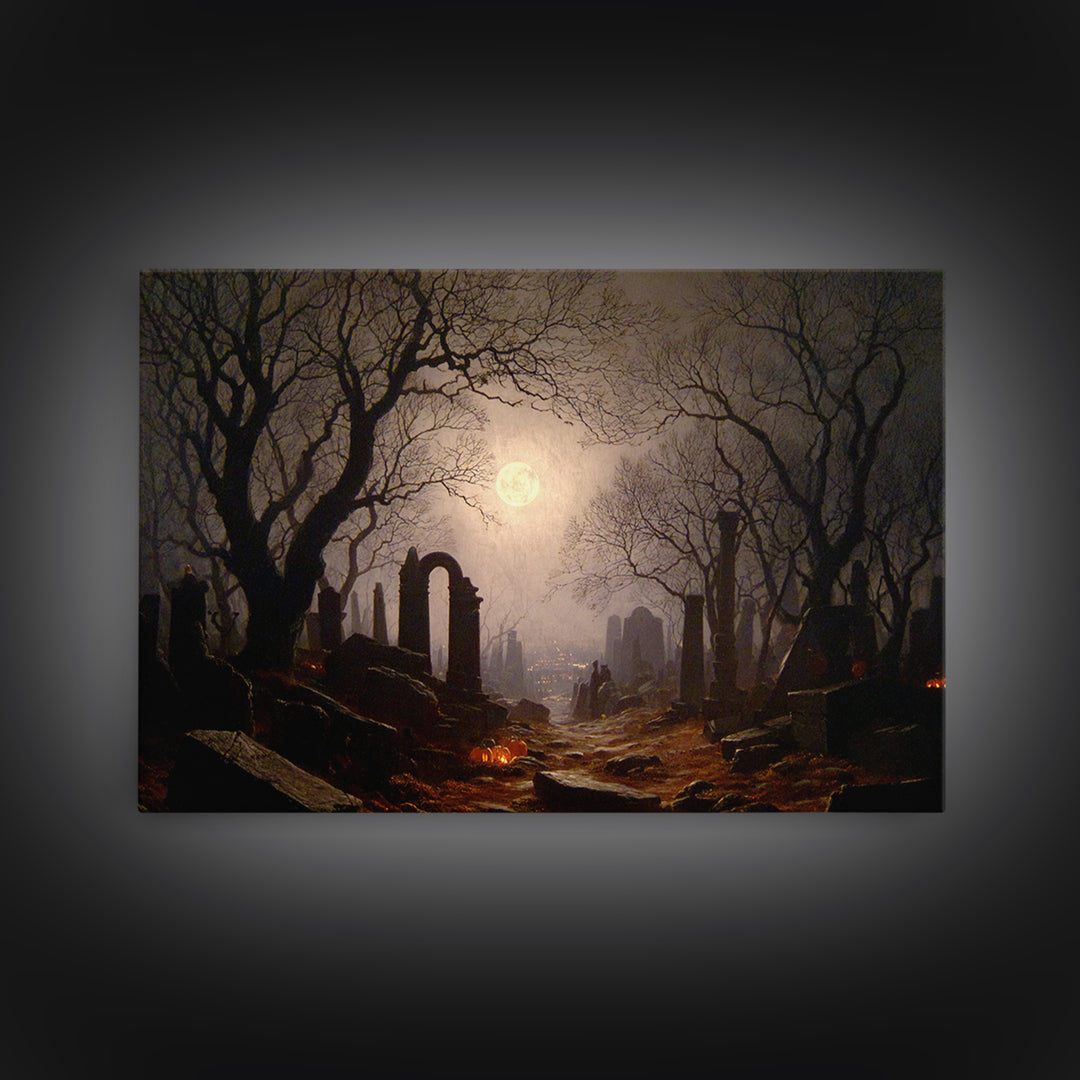 The Moonlit Cemetery, Romantic Gothic Landscape, Landscape Wall Art, Dark Fantasy Wall Art, Framed Canvas Print, Gothic Home Decor