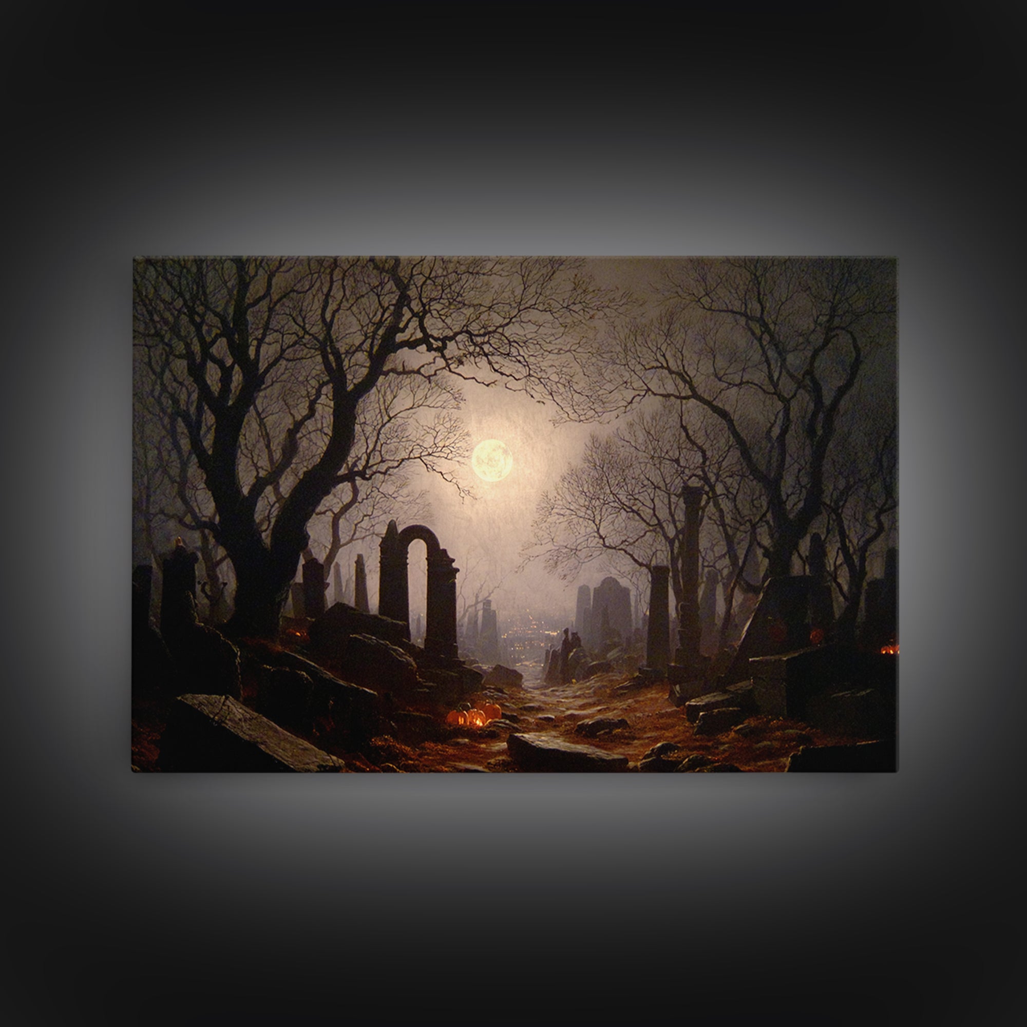 The Moonlit Cemetery, Romantic Gothic Landscape, Landscape Wall Art, Dark Fantasy Wall Art, Framed Canvas Print, Gothic Home Decor