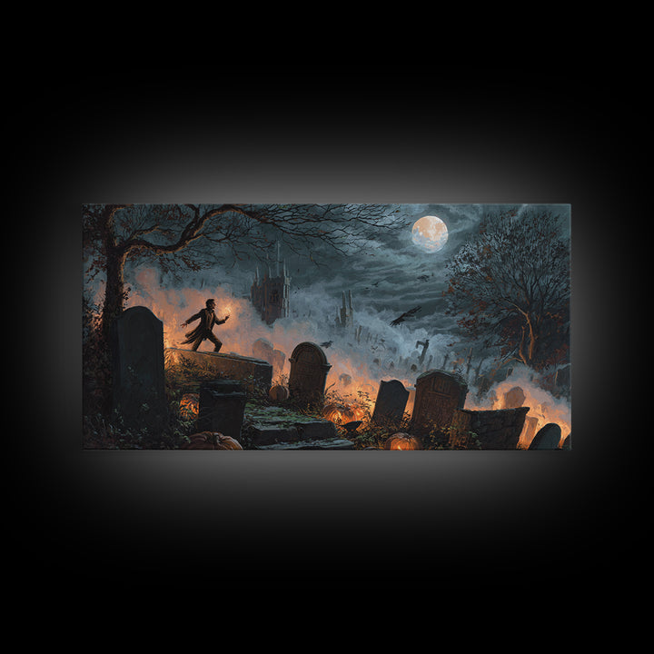 The Moonlit Cemetery, Apocalyptic Romantic Art, Wide Panoramic Art, Macabre Wall Art, Framed Canvas Print, Halloween Wall Art