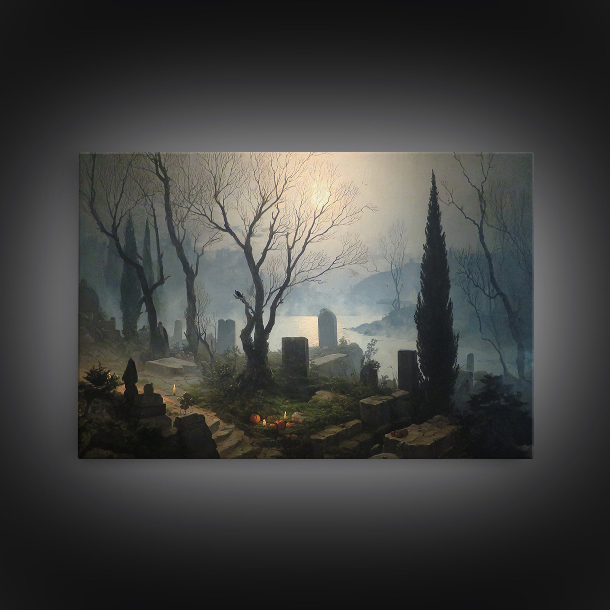 The Moonlit Cemetery, Symbolist Gothic Landscape, Landscape Wall Art, Dark Fantasy Wall Art, Canvas Print, Halloween Wall Art