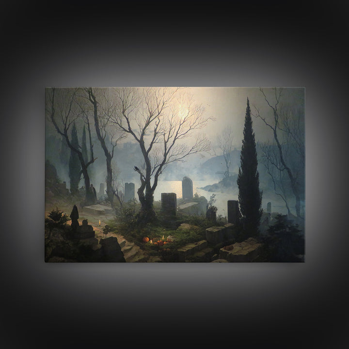 The Moonlit Cemetery, Symbolist Gothic Landscape, Landscape Wall Art, Dark Fantasy Wall Art, Canvas Print, Halloween Wall Art