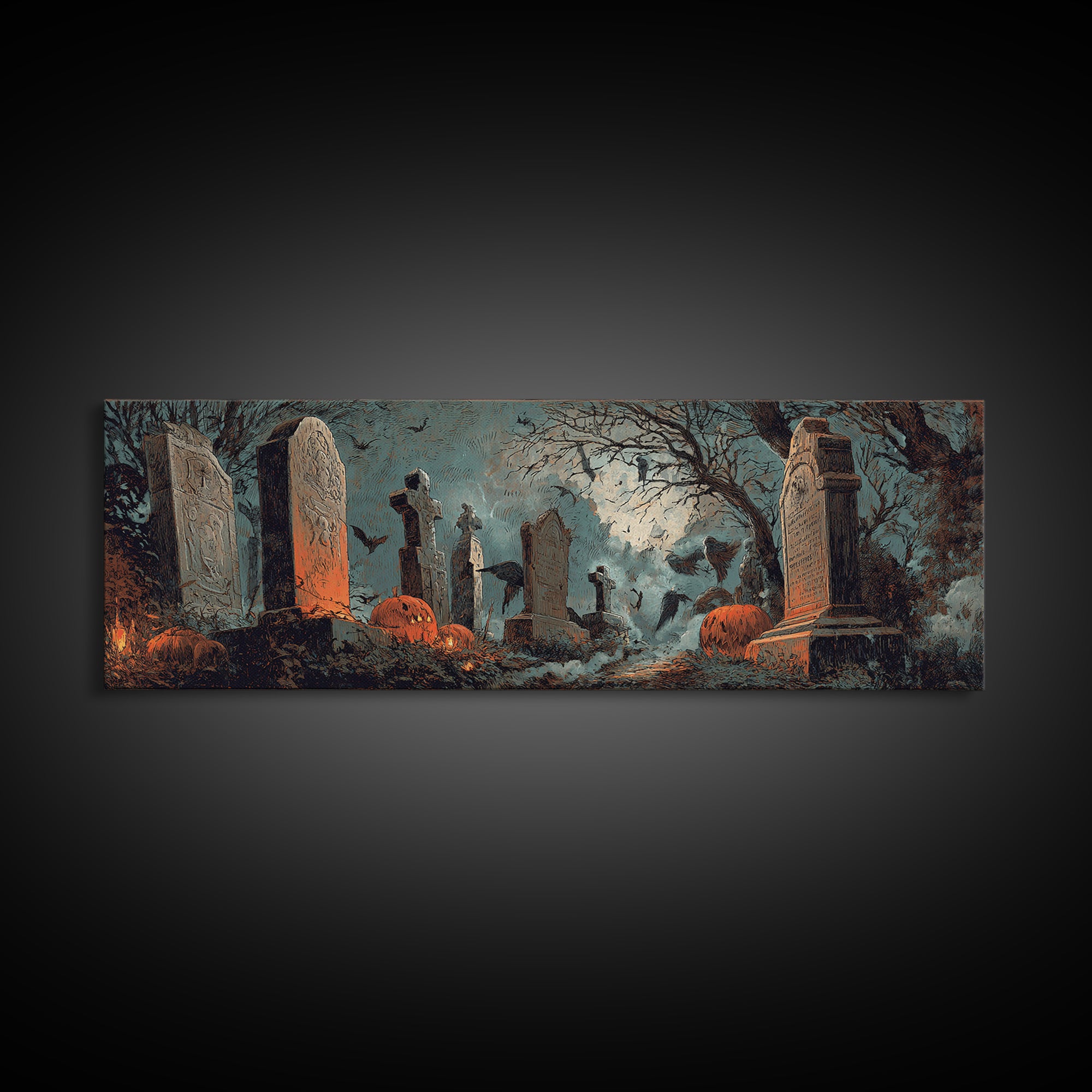 The Moonlit Cemetery, Decadent Gothic Art, Extra Wide Wall Art, Macabre Wall Art, Framed Canvas Print, Halloween Wall Art