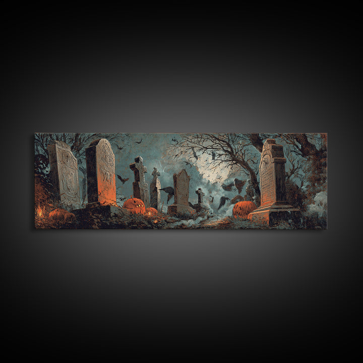 The Moonlit Cemetery, Decadent Gothic Art, Extra Wide Wall Art, Macabre Wall Art, Framed Canvas Print, Halloween Wall Art