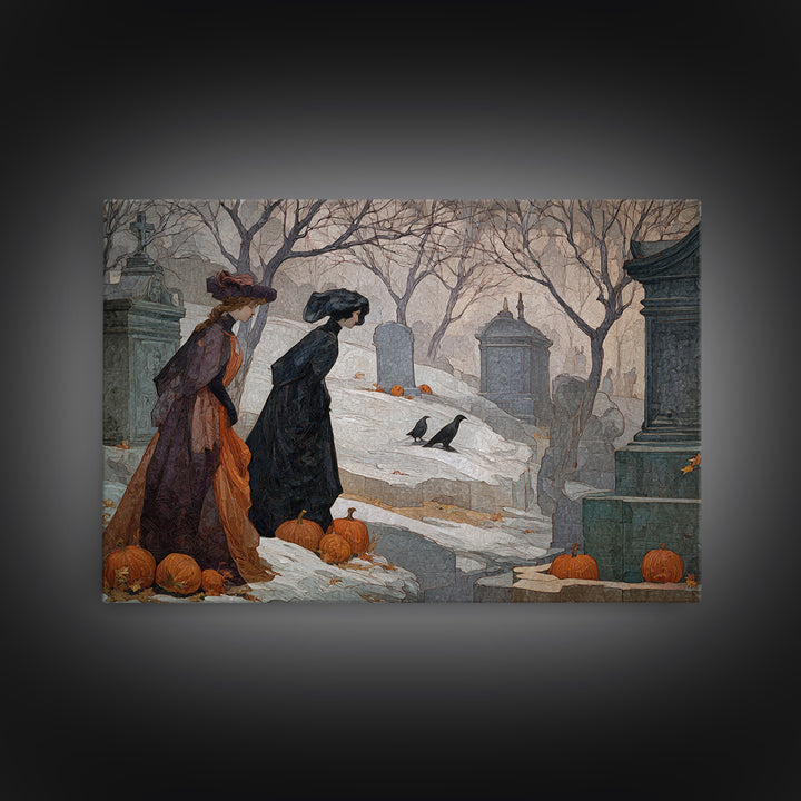 The Moonlit Cemetery, Symbolist Death Art, Landscape Wall Art, Dark Halloween Decor, Framed Canvas Print, Halloween Wall Art