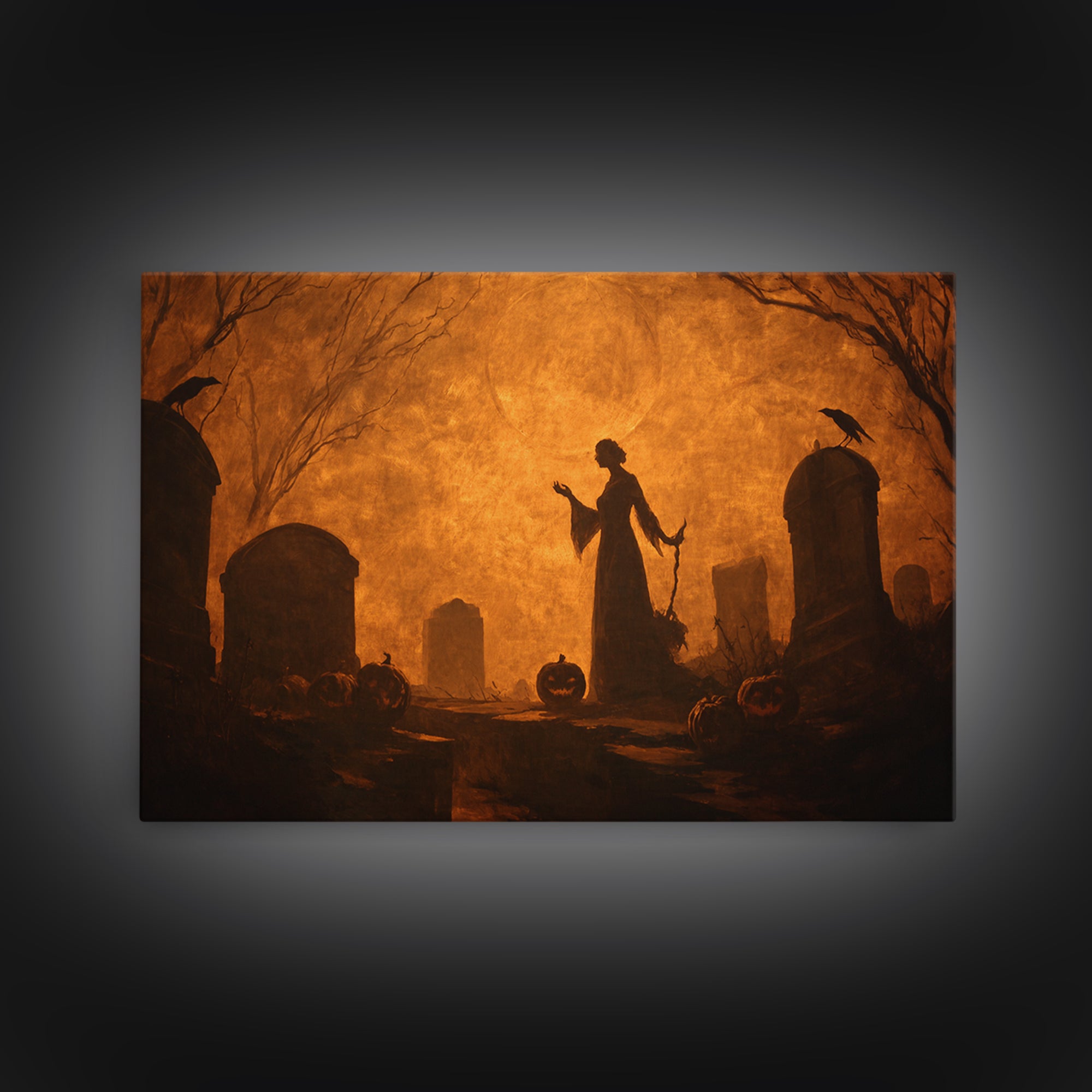 The Moonlit Cemetery, Dark Symbolist Art, Landscape Wall Art, Dark Halloween Decor, Framed Canvas Print, Halloween Wall Art