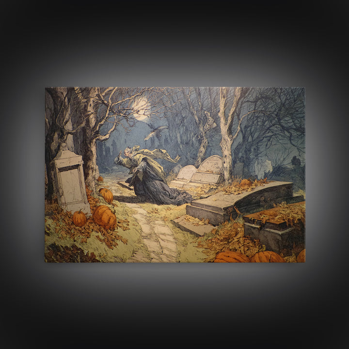 The Moonlit Cemetery, Symbolist Etching Art, Landscape Wall Art, Dark Fantasy Wall Art, Canvas Print, Halloween Wall Art