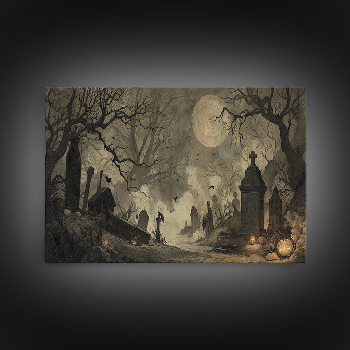 The Moonlit Cemetery, Expressionist Nightmare Art, Wide Panoramic Art, Macabre Wall Art, Canvas Print, Halloween Wall Art, Halloween Decor