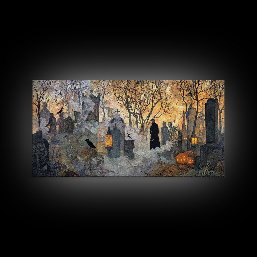 The Moonlit Cemetery, Grotesque Carnival Art, Wide Panoramic Art, Gothic Horror Wall Art, Framed Canvas Print, Halloween Wall Art