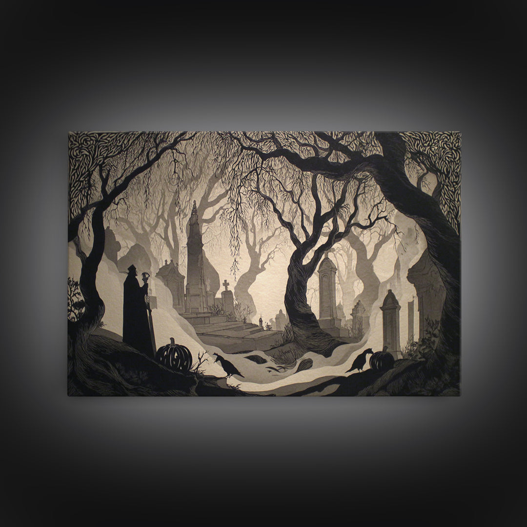 The Moonlit Cemetery, Decadent Line Art, Landscape Wall Art, Dark Fantasy Wall Art, Framed Canvas Print, Halloween Wall Art