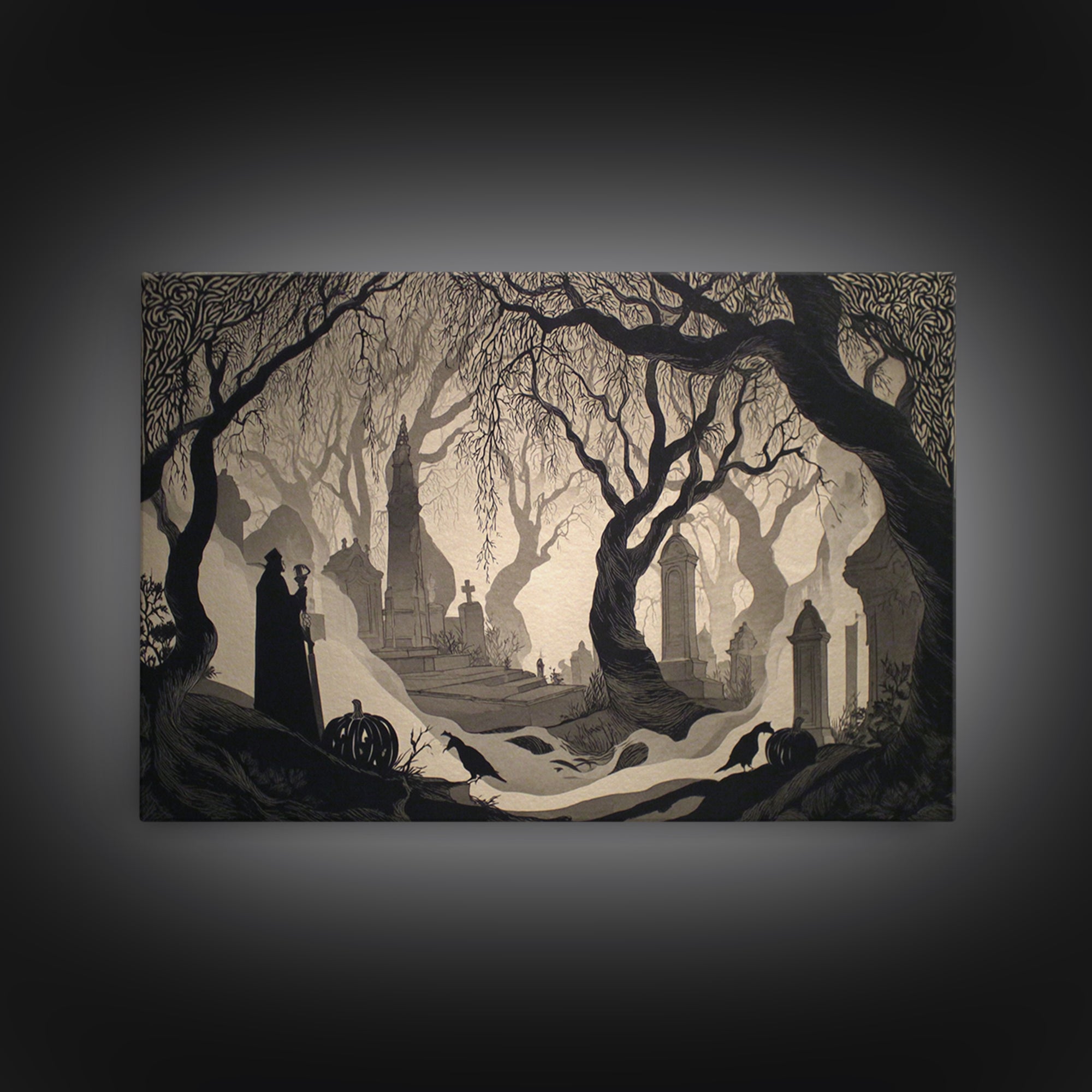 The Moonlit Cemetery, Decadent Line Art, Landscape Wall Art, Dark Fantasy Wall Art, Framed Canvas Print, Halloween Wall Art