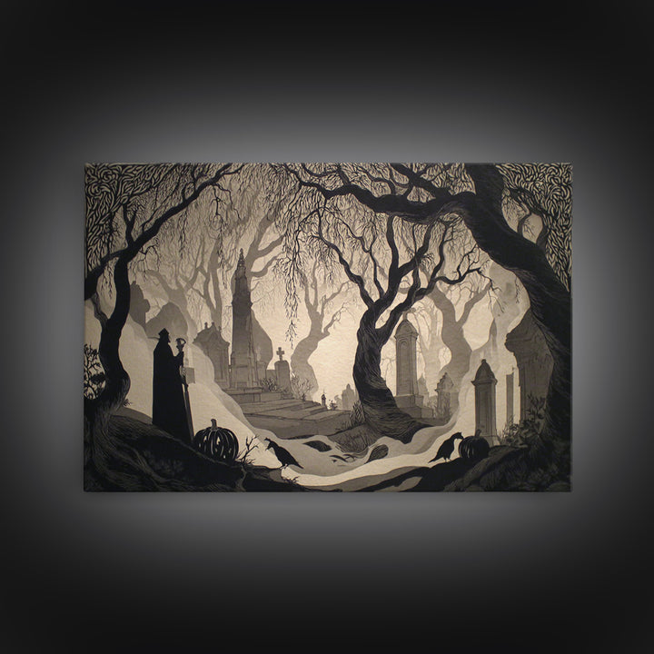 The Moonlit Cemetery, Decadent Line Art, Landscape Wall Art, Dark Fantasy Wall Art, Framed Canvas Print, Halloween Wall Art