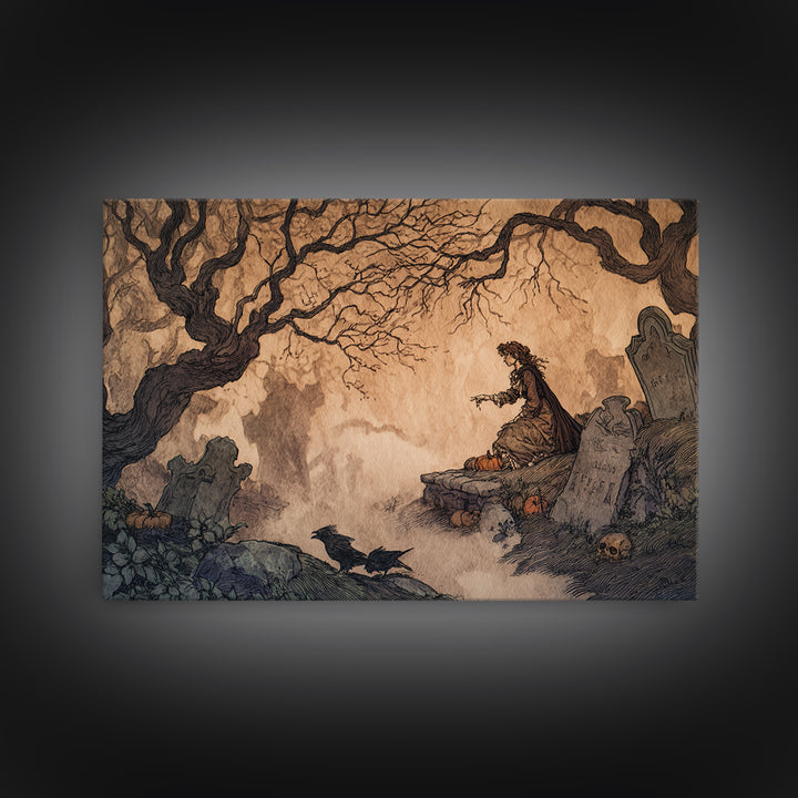 The Moonlit Cemetery, Gothic Storybook Art, Landscape Wall Art, Macabre Wall Art, Framed Canvas Print, Halloween Wall Art