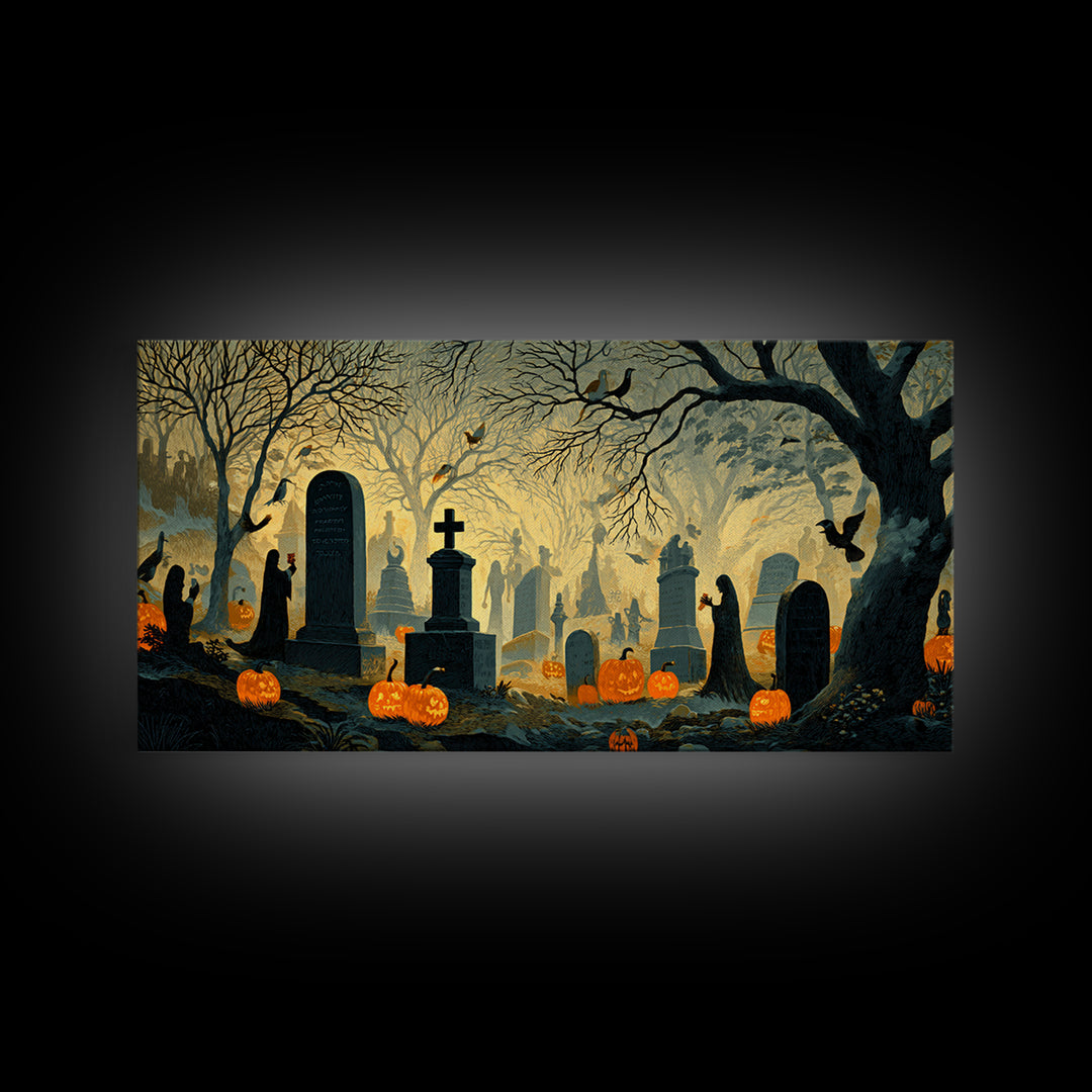 The Moonlit Cemetery, Macabre Folk Print Art, Wide Panoramic Art, Dark Fantasy Wall Art, Canvas Print, Halloween Wall Art