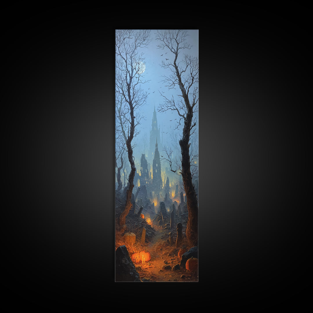 The Moonlit Cemetery, Surreal Apocalyptic Art, Tall Narrow Wall Art, Dark Halloween Decor, Canvas Print, Halloween Wall Art