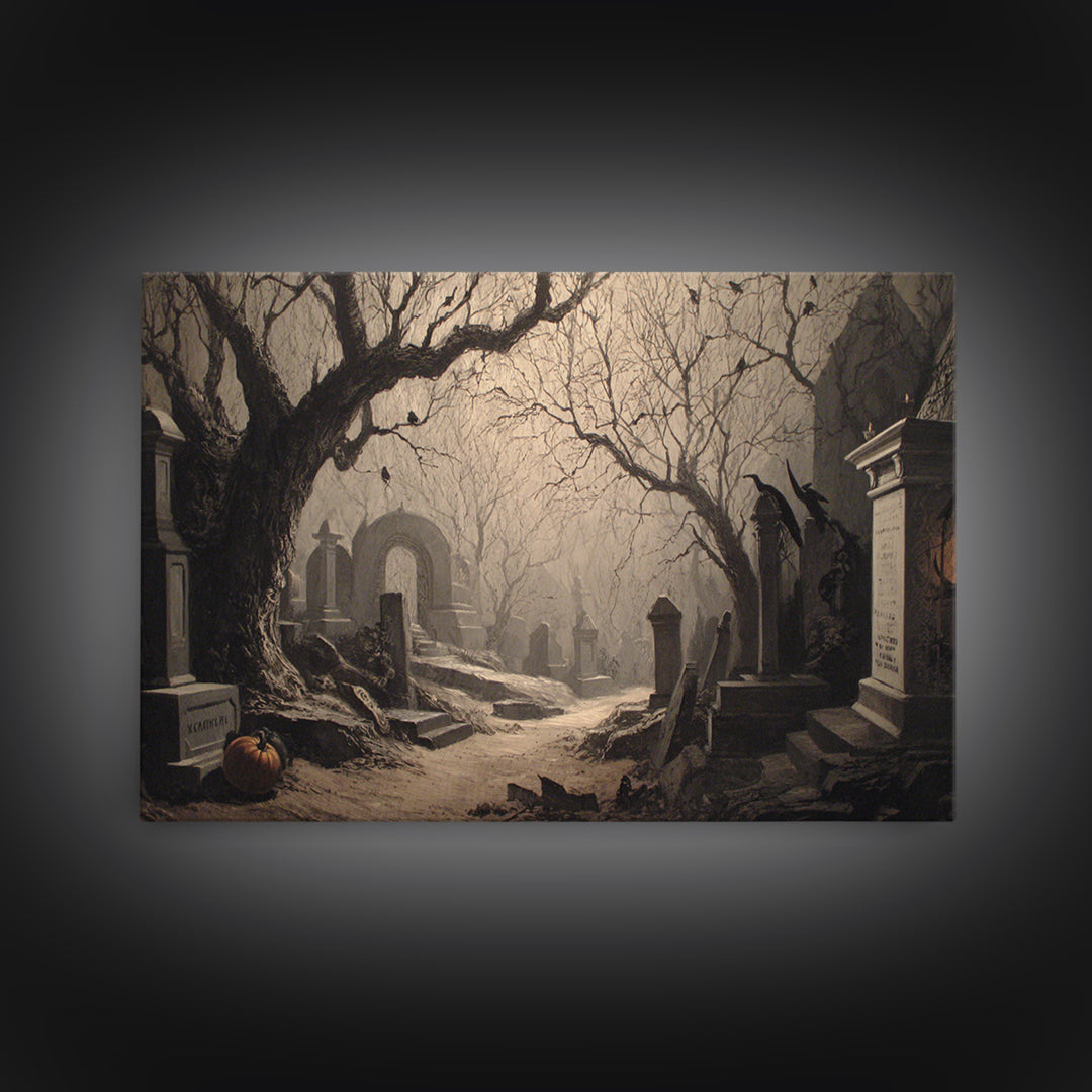 The Moonlit Cemetery, Biomechanical Horror Art, Landscape Wall Art, Gothic Horror Wall Art, Canvas Print, Halloween Wall Art
