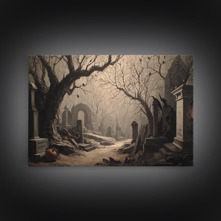 The Moonlit Cemetery, Biomechanical Horror Art, Landscape Wall Art, Gothic Horror Wall Art, Canvas Print, Halloween Wall Art