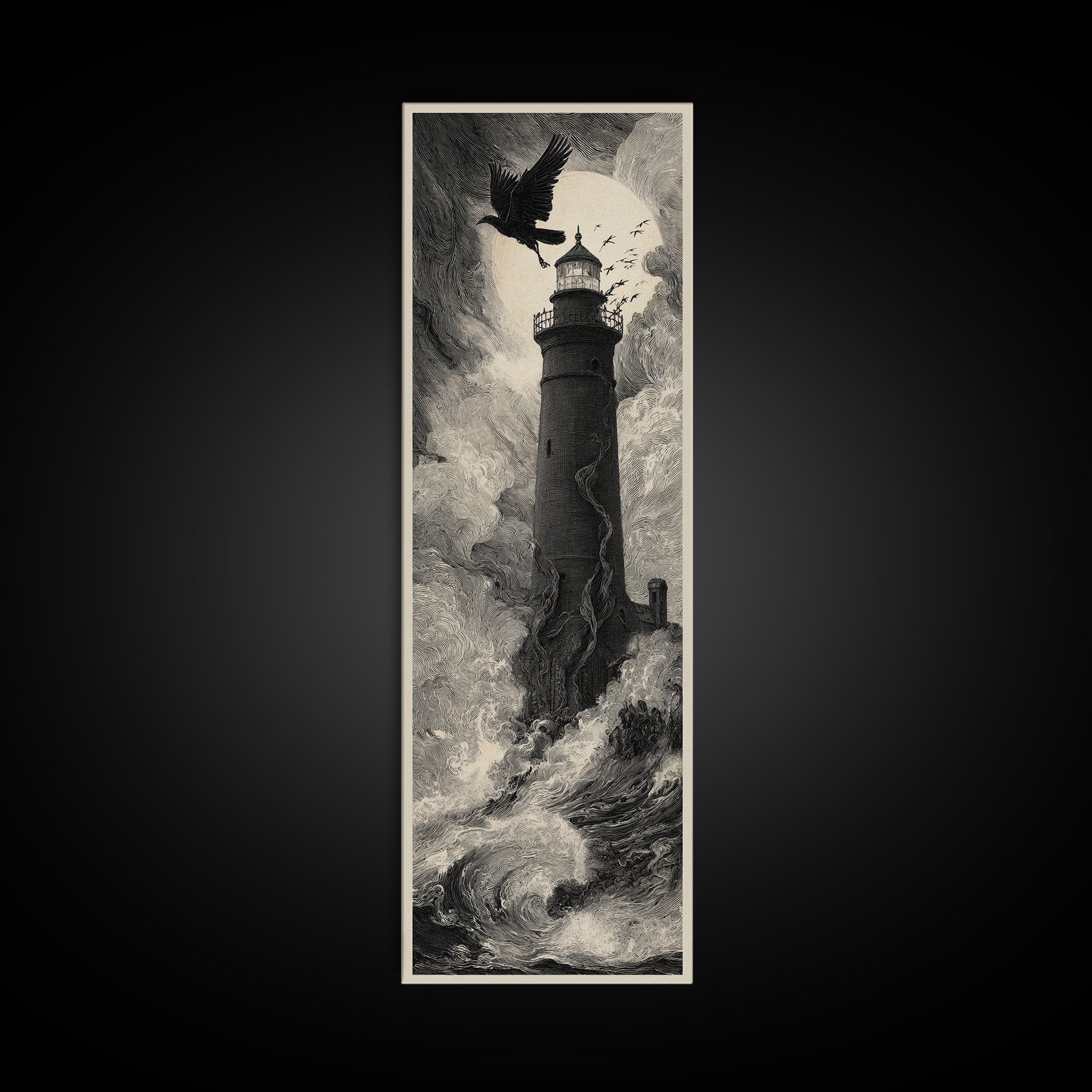 The Cursed Lighthouse, Gothic Engraving Art, Tall Narrow Wall Art, Dark Fantasy Wall Art, Framed Canvas Print, Halloween Wall Art