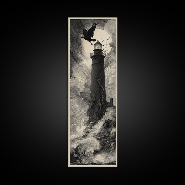 The Cursed Lighthouse, Gothic Engraving Art, Tall Narrow Wall Art, Dark Fantasy Wall Art, Framed Canvas Print, Halloween Wall Art