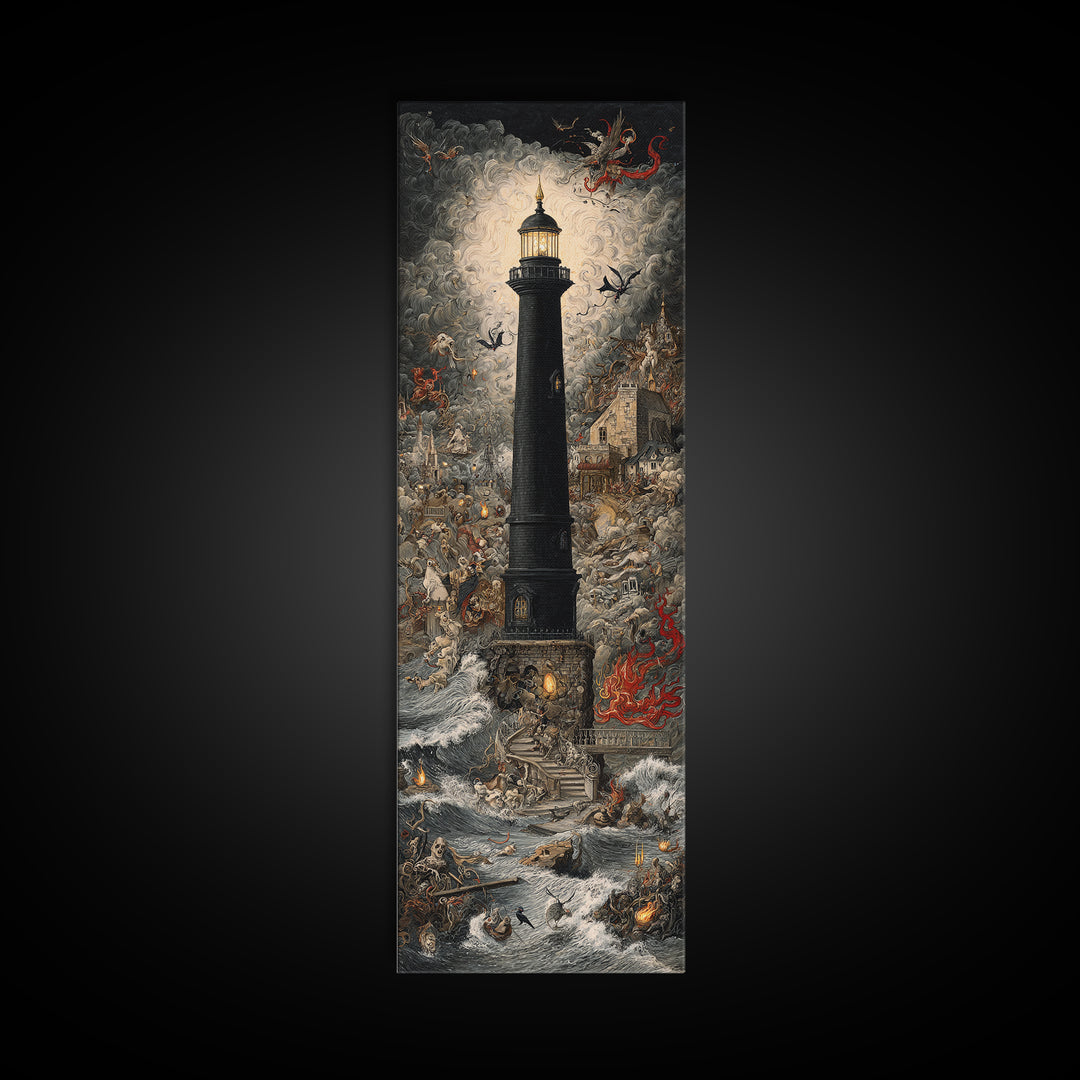 The Cursed Lighthouse, Medieval Grotesque Art, Tall Narrow Wall Art, Gothic Horror Wall Art, Canvas Print, Halloween Wall Art
