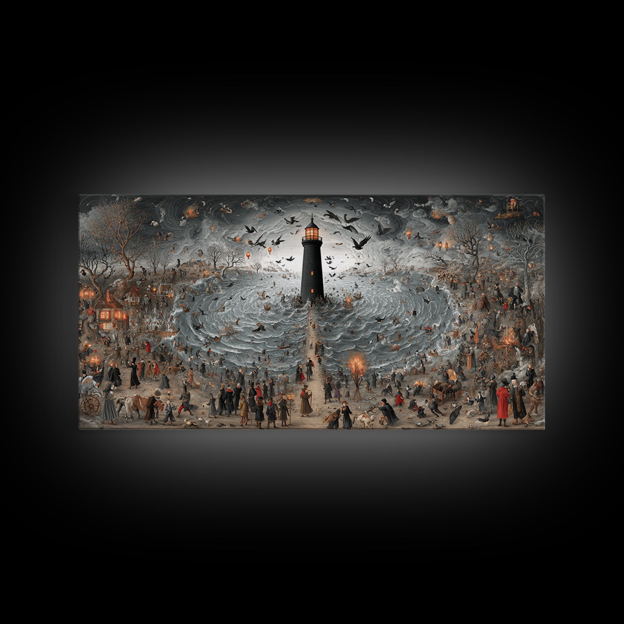 The Cursed Lighthouse, Northern Renaissance Horror, Wide Panoramic Art, Dark Halloween Decor, Canvas Print, Halloween Wall Art