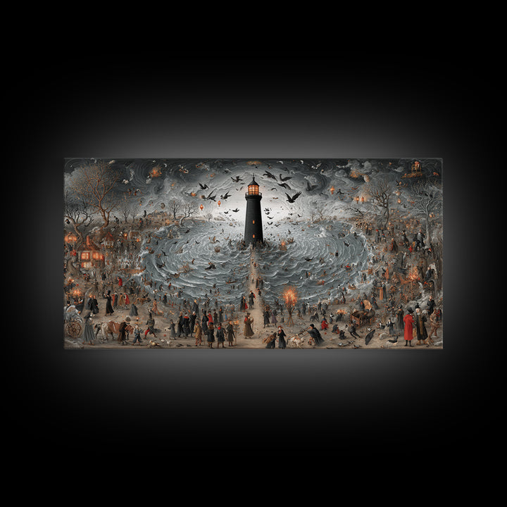 The Cursed Lighthouse, Northern Renaissance Horror, Wide Panoramic Art, Dark Halloween Decor, Canvas Print, Halloween Wall Art