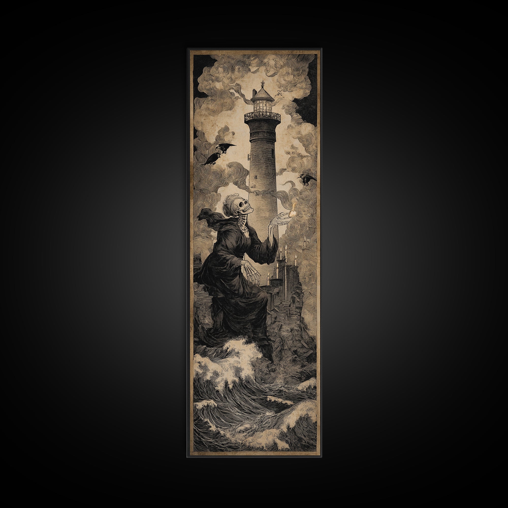 The Cursed Lighthouse, Danse Macabre Art, Tall Narrow Wall Art, Macabre Wall Art, Framed Canvas Print, Halloween Decor