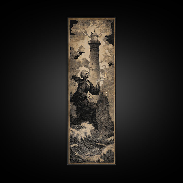 The Cursed Lighthouse, Danse Macabre Art, Tall Narrow Wall Art, Macabre Wall Art, Framed Canvas Print, Halloween Decor