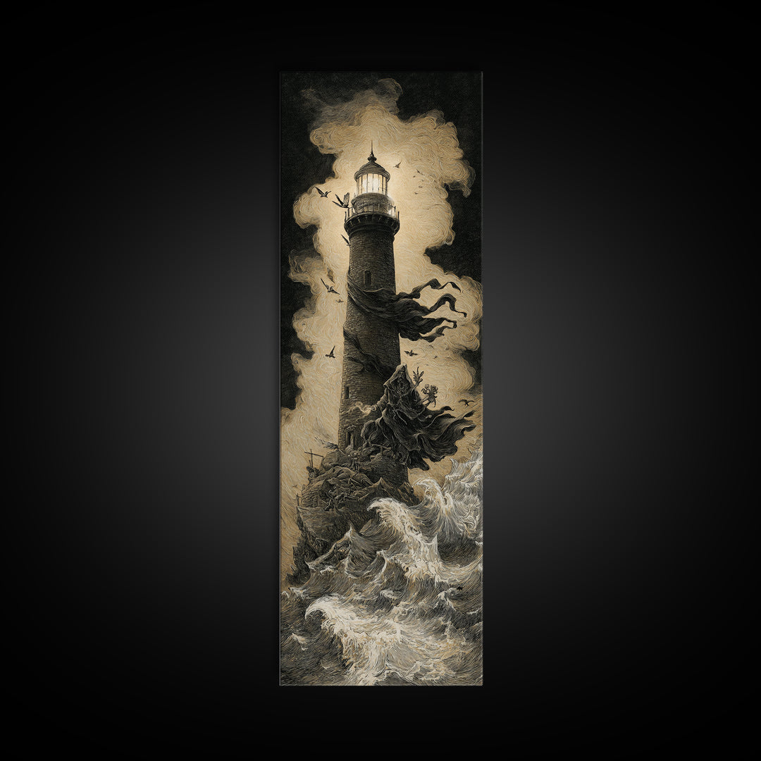 The Cursed Lighthouse, Baroque Witchcraft Art, Tall Narrow Wall Art, Macabre Wall Art, Framed Canvas Print, Halloween Wall Art