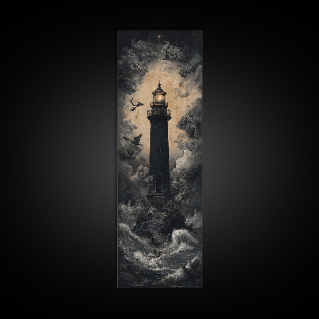 The Cursed Lighthouse, Dark Romantic Horror Art, Tall Narrow Wall Art, Macabre Wall Art, Framed Canvas Print, Halloween Wall Art