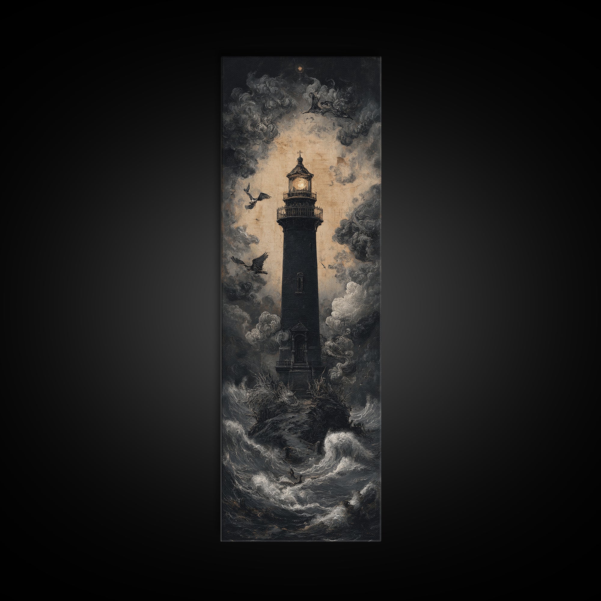The Cursed Lighthouse, Dark Romantic Horror Art, Tall Narrow Wall Art, Macabre Wall Art, Framed Canvas Print, Halloween Wall Art