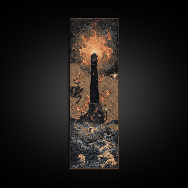 The Cursed Lighthouse, Visionary Gothic Art, Tall Narrow Wall Art, Dark Fantasy Wall Art, Framed Canvas Print, Halloween Wall Art