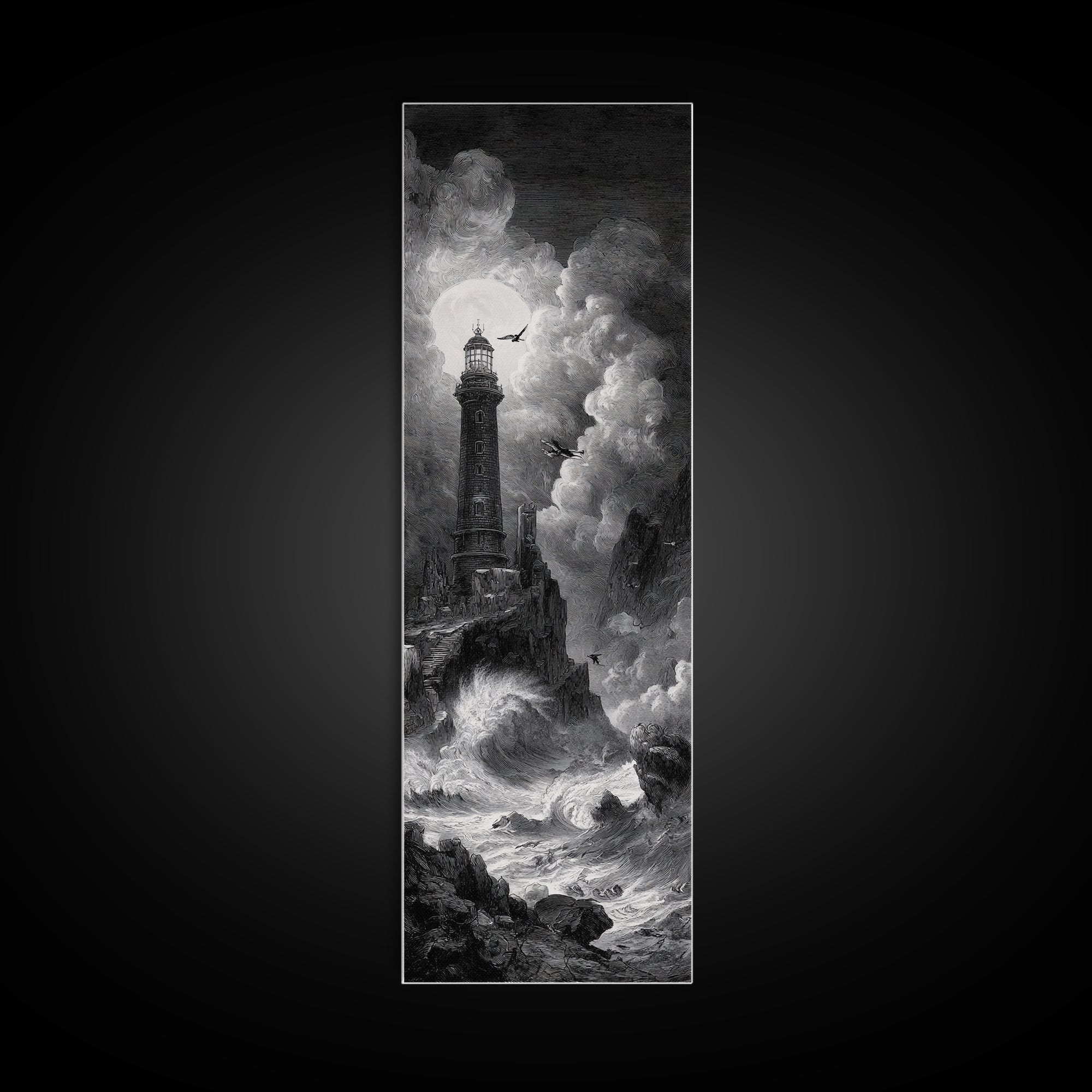 The Cursed Lighthouse, Architectural Etching Art, Tall Narrow Wall Art, Macabre Wall Art, Canvas Print, Halloween Wall Art