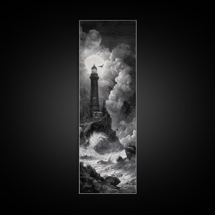 The Cursed Lighthouse, Architectural Etching Art, Tall Narrow Wall Art, Macabre Wall Art, Canvas Print, Halloween Wall Art