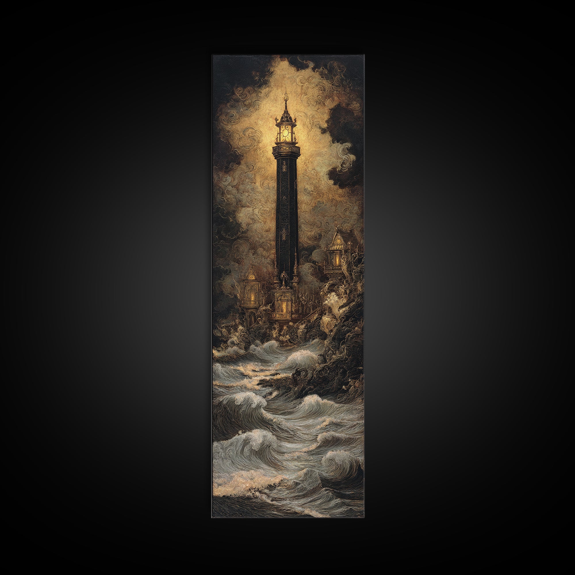 The Cursed Lighthouse, Ornate Symbolist Art, Tall Narrow Wall Art, Dark Halloween Decor, Framed Canvas Print, Halloween Wall Art