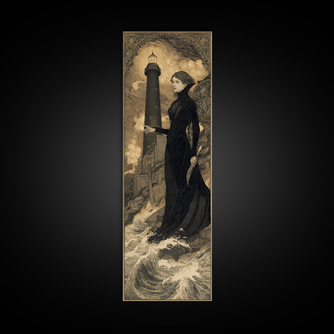 The Cursed Lighthouse, Symbolist Death Art, Tall Narrow Wall Art, Gothic Horror Wall Art, Framed Canvas Print, Halloween Wall Art