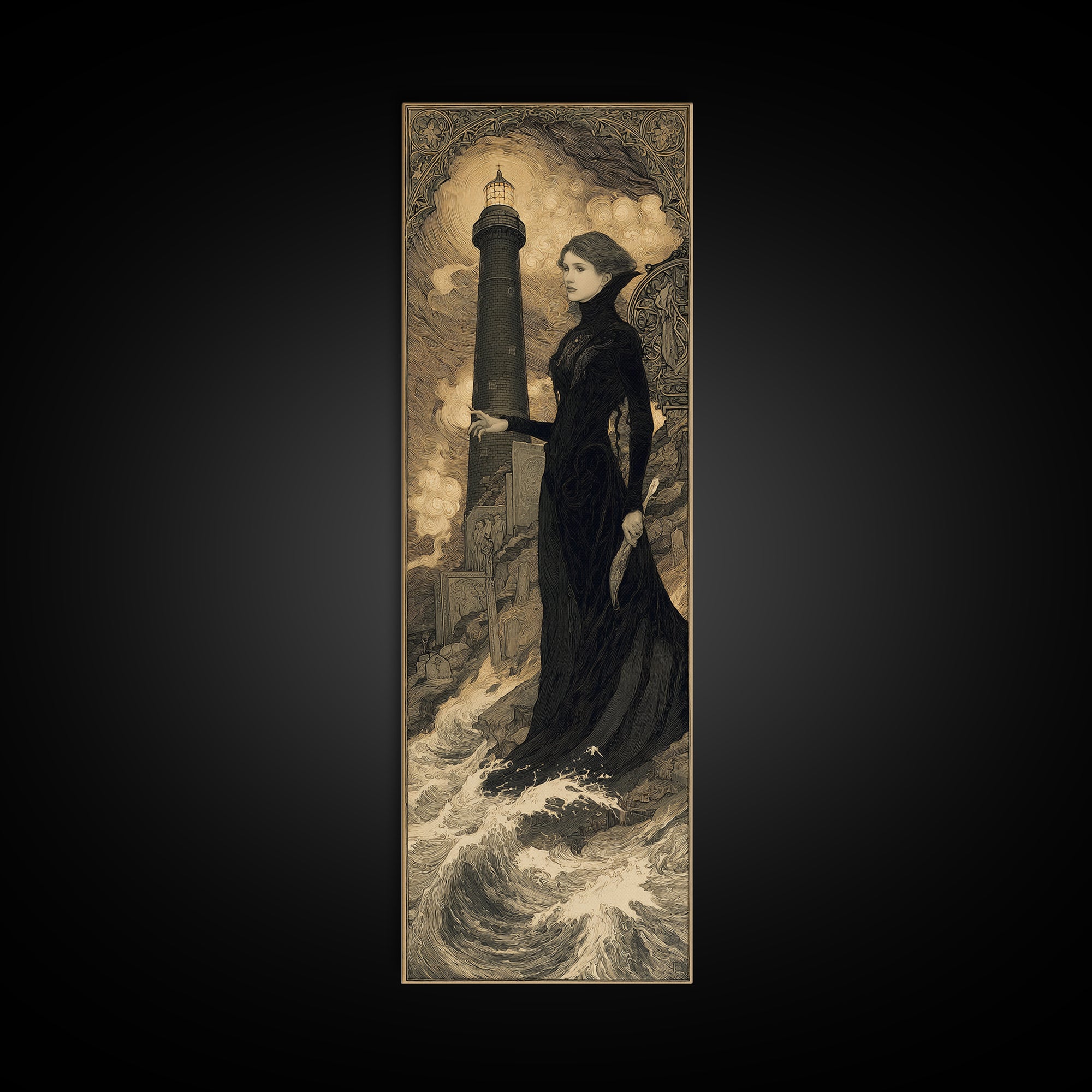 The Cursed Lighthouse, Symbolist Death Art, Tall Narrow Wall Art, Gothic Horror Wall Art, Framed Canvas Print, Halloween Wall Art