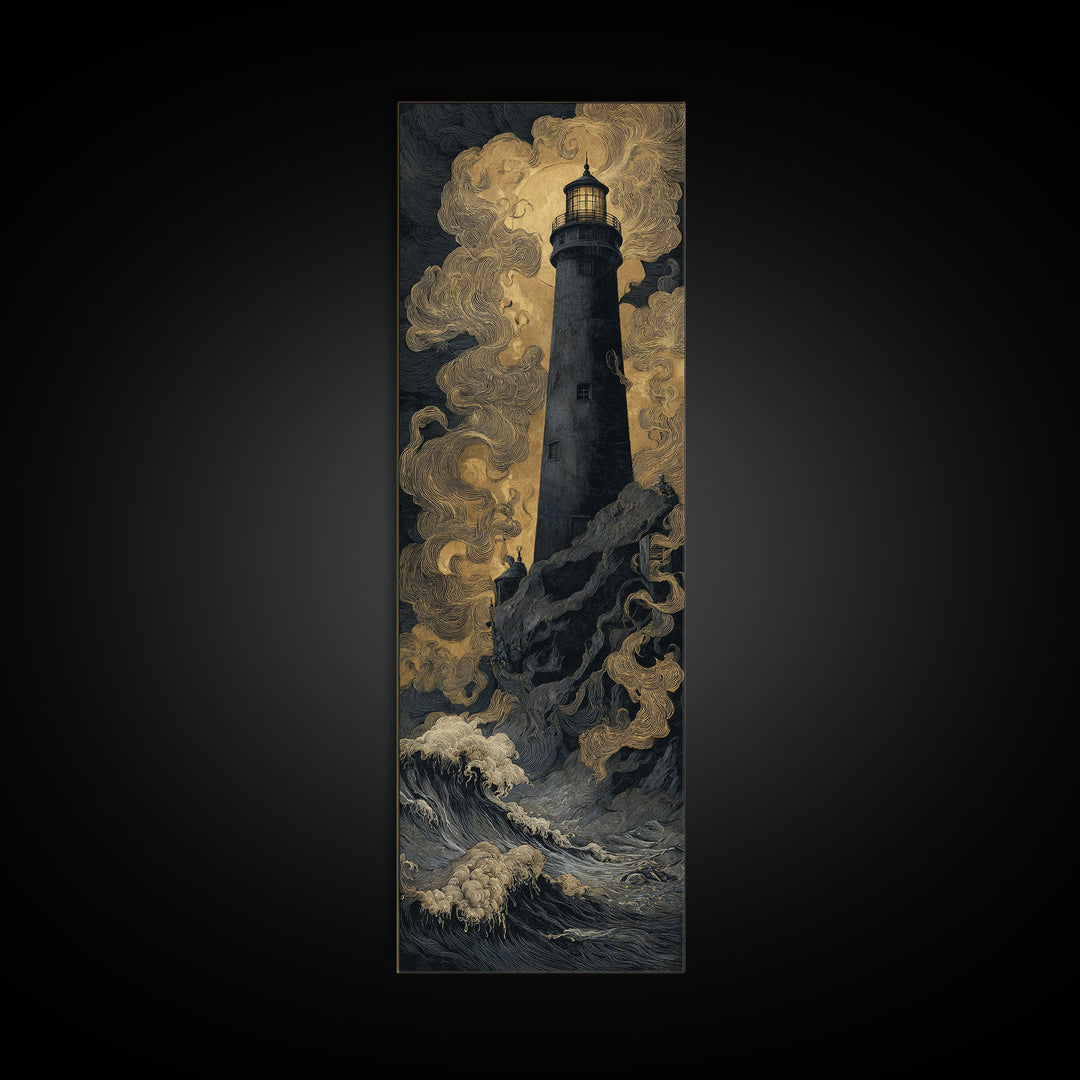 The Cursed Lighthouse, Dark Symbolist Art, Tall Narrow Wall Art, Macabre Wall Art, Canvas Print, Halloween Wall Art