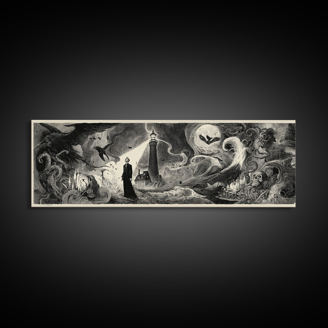The Cursed Lighthouse, Expressionist Nightmare Art, Extra Wide Wall Art, Dark Fantasy Wall Art, Canvas Print, Halloween Wall Art