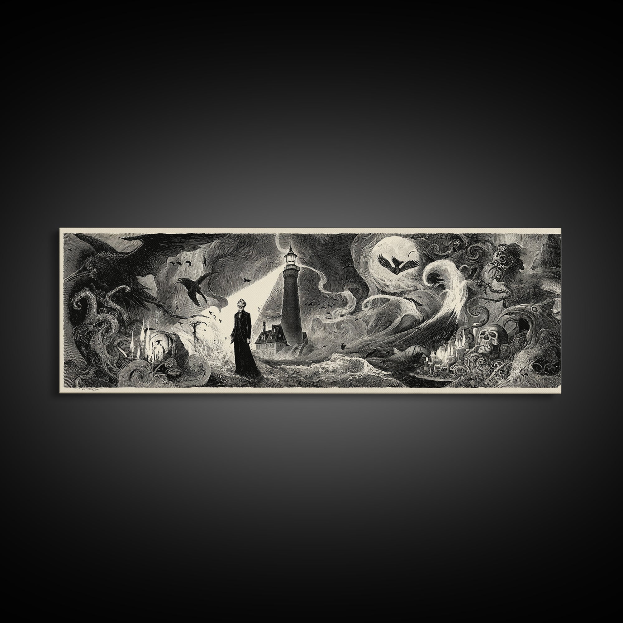 The Cursed Lighthouse, Expressionist Nightmare Art, Extra Wide Wall Art, Dark Fantasy Wall Art, Canvas Print, Halloween Wall Art