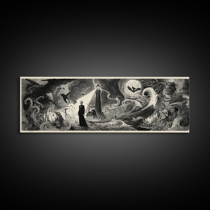 The Cursed Lighthouse, Expressionist Nightmare Art, Extra Wide Wall Art, Dark Fantasy Wall Art, Canvas Print, Halloween Wall Art