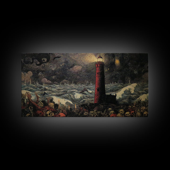 The Cursed Lighthouse, Grotesque Carnival Art, Wide Panoramic Art, Dark Fantasy Wall Art, Canvas Print, Halloween Wall Art