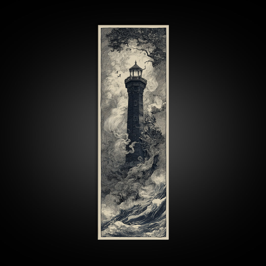 The Cursed Lighthouse, Gothic Storybook Art, Tall Narrow Wall Art, Macabre Wall Art, Canvas Print, Halloween Wall Art